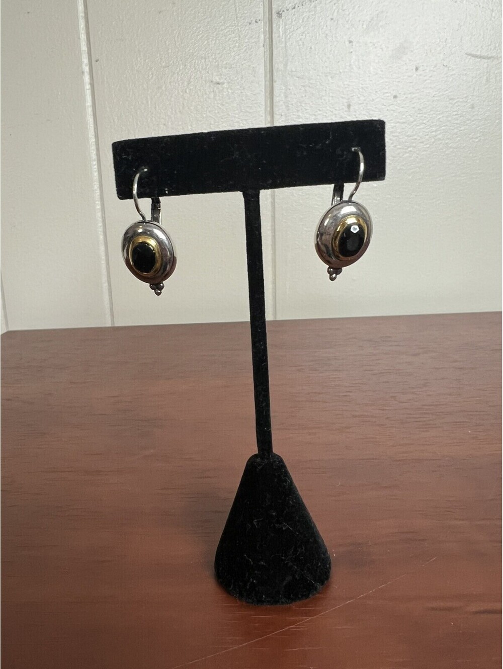 Decree Premier Designs Earrings Silver and Gold Trim Black Beaded Accents 1"